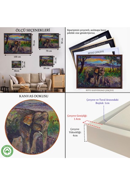 Beyaz Çerçeveli Ormandaki Yavru Fil ve Anne Fil Tablosu indirimleri