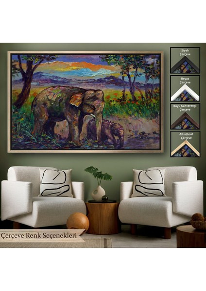 Beyaz Çerçeveli Ormandaki Yavru Fil ve Anne Fil Tablosu