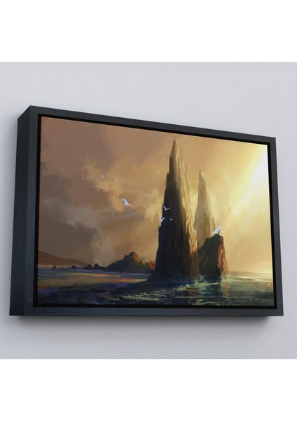 Siyah Çerçeveli Kayaların Üzerinden Okyanusu Izleyen Beyaz Pelerinli Kadın Kanvas Tablo