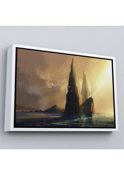 Siyah Çerçeveli Kayaların Üzerinden Okyanusu Izleyen Beyaz Pelerinli Kadın Kanvas Tablo fiyatları
