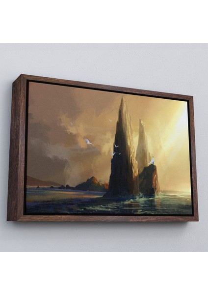 Siyah Çerçeveli Kayaların Üzerinden Okyanusu Izleyen Beyaz Pelerinli Kadın Kanvas Tablo modelleri