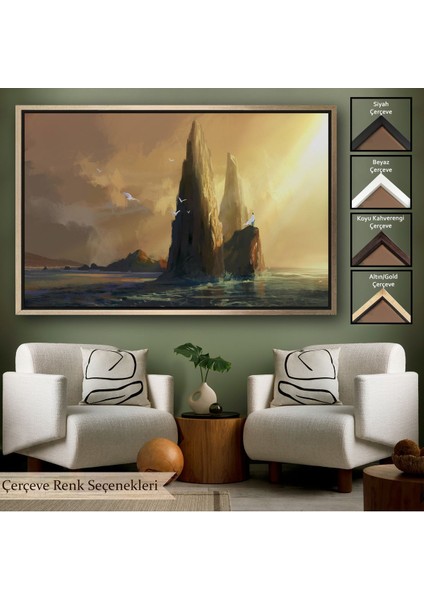 Siyah Çerçeveli Kayaların Üzerinden Okyanusu Izleyen Beyaz Pelerinli Kadın Kanvas Tablo