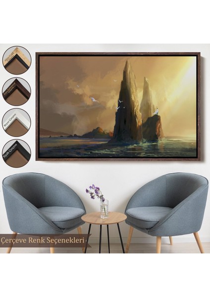 Siyah Çerçeveli Kayaların Üzerinden Okyanusu Izleyen Beyaz Pelerinli Kadın Kanvas Tablo