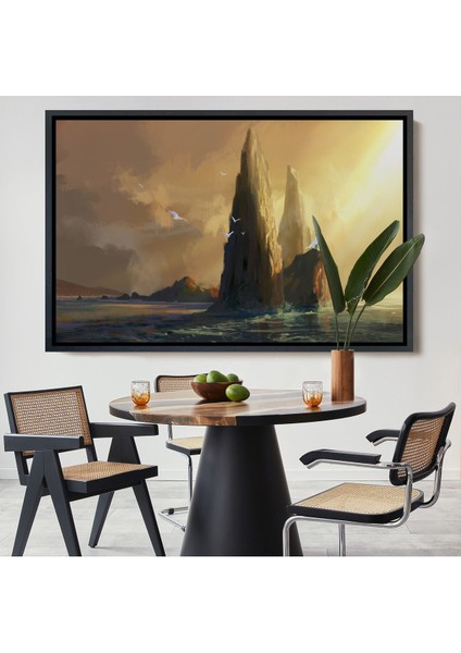 Siyah Çerçeveli Kayaların Üzerinden Okyanusu Izleyen Beyaz Pelerinli Kadın Kanvas Tablo