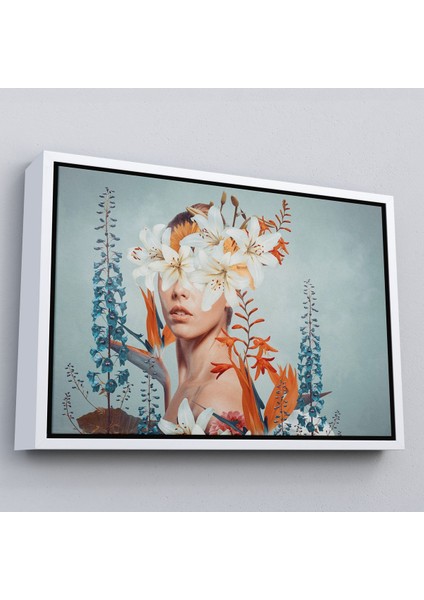 Beyaz Çerçeveli Çiçekler Içindeki Güzel Kadın Portresi Kanvas Tablo