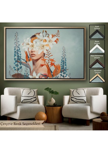 Beyaz Çerçeveli Çiçekler Içindeki Güzel Kadın Portresi Kanvas Tablo