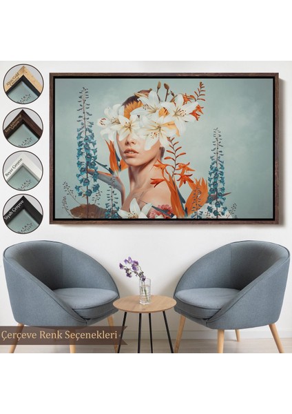 Beyaz Çerçeveli Çiçekler Içindeki Güzel Kadın Portresi Kanvas Tablo