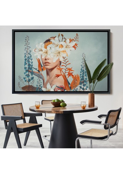 Beyaz Çerçeveli Çiçekler Içindeki Güzel Kadın Portresi Kanvas Tablo