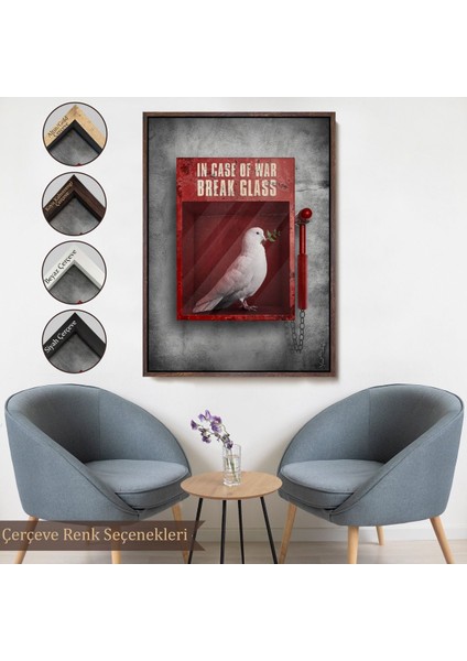 Beyaz Çerçeveli Savaş Durumunda Camı Kır Güvercin Kanvas Tablo