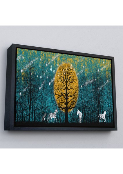 Siyah Çerçeveli Geceyarısı Ormanda Gezen Atlar Kanvas Tablosu