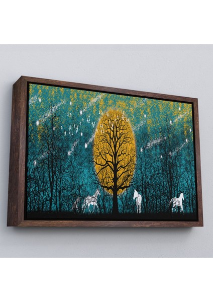 Siyah Çerçeveli Geceyarısı Ormanda Gezen Atlar Kanvas Tablosu modelleri
