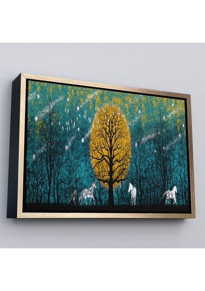 Siyah Çerçeveli Geceyarısı Ormanda Gezen Atlar Kanvas Tablosu fırsatları