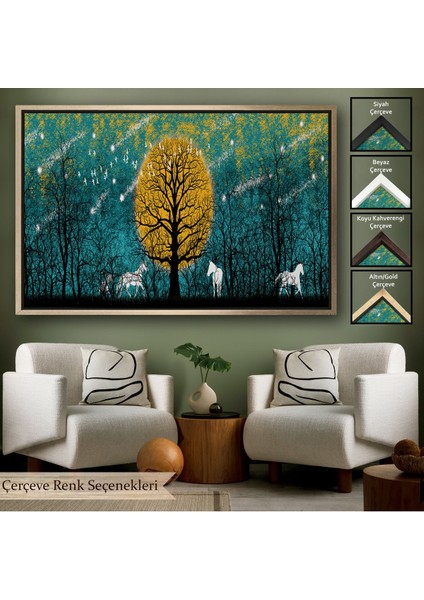 Siyah Çerçeveli Geceyarısı Ormanda Gezen Atlar Kanvas Tablosu
