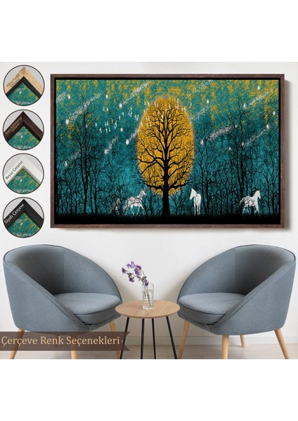 Siyah Çerçeveli Geceyarısı Ormanda Gezen Atlar Kanvas Tablosu