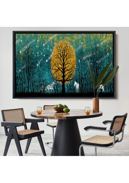 Siyah Çerçeveli Geceyarısı Ormanda Gezen Atlar Kanvas Tablosu