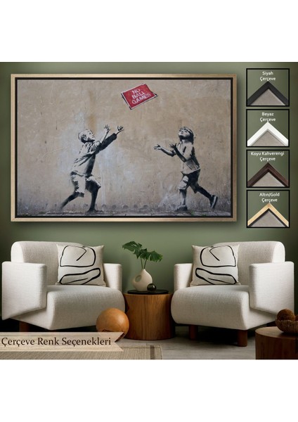 Altın Çerçeveli Banksy Stencil'in Top Oyunları Yok Isimli Eseri Kanvas Tablo
