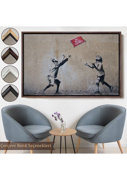Altın Çerçeveli Banksy Stencil'in Top Oyunları Yok Isimli Eseri Kanvas Tablo