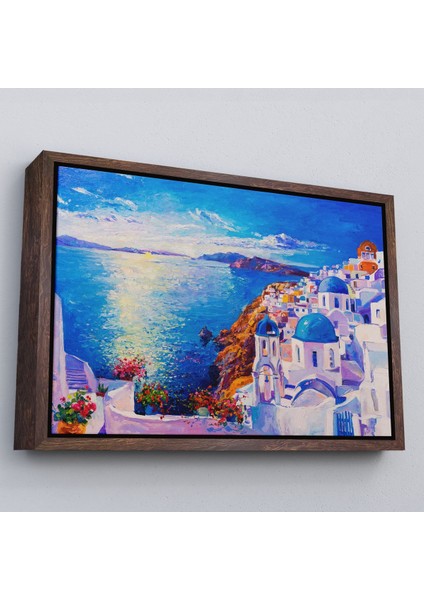 Kahverengi Çerçeveli Mikanos Yunanistan Yağlıboya Görünüm Dekoratif Tablo