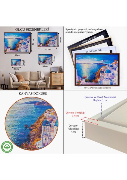 Kahverengi Çerçeveli Mikanos Yunanistan Yağlıboya Görünüm Dekoratif Tablo indirimleri