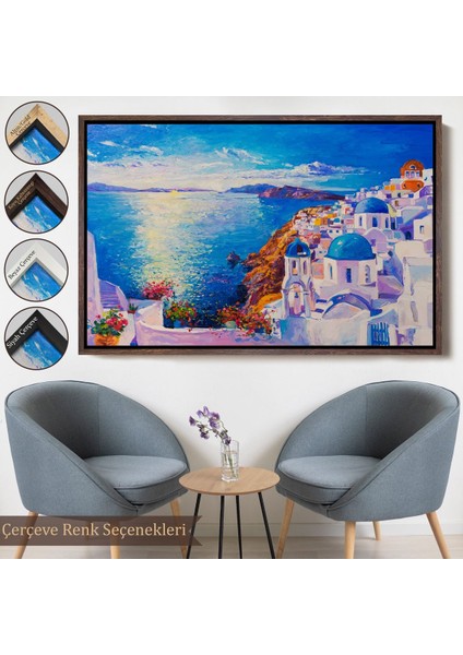 Kahverengi Çerçeveli Mikanos Yunanistan Yağlıboya Görünüm Dekoratif Tablo