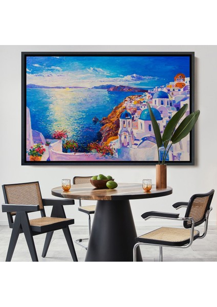 Kahverengi Çerçeveli Mikanos Yunanistan Yağlıboya Görünüm Dekoratif Tablo