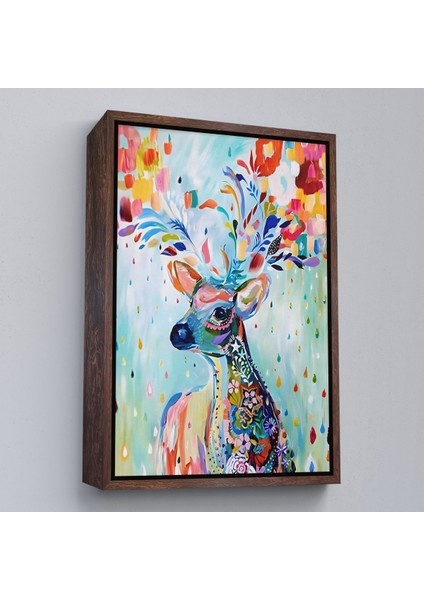 Kahverengi Çerçeveli Renkli Çiçek Detaylı Geyik Dekoratif Duvar Tablosu