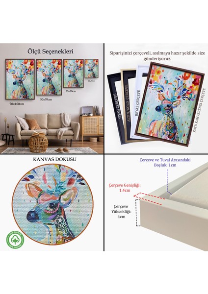 Kahverengi Çerçeveli Renkli Çiçek Detaylı Geyik Dekoratif Duvar Tablosu indirimleri