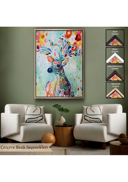 Kahverengi Çerçeveli Renkli Çiçek Detaylı Geyik Dekoratif Duvar Tablosu