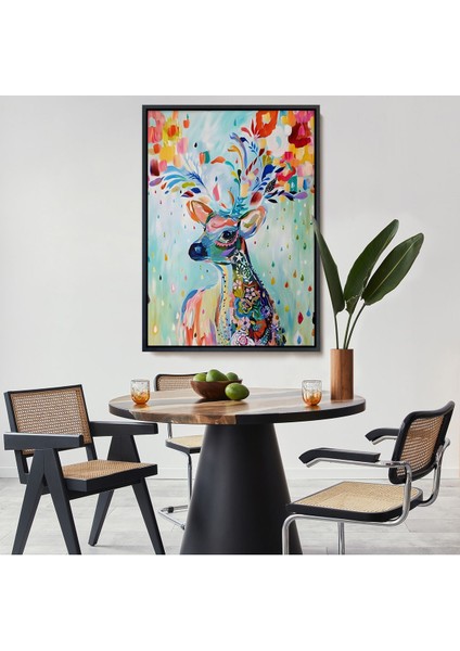 Kahverengi Çerçeveli Renkli Çiçek Detaylı Geyik Dekoratif Duvar Tablosu