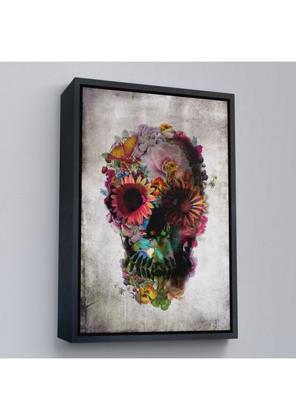 Siyah Çerçeveli Şeker Kafatası Rengarenk Çiçekli Kafatası Ölülerin Günü Kanvas Tablo
