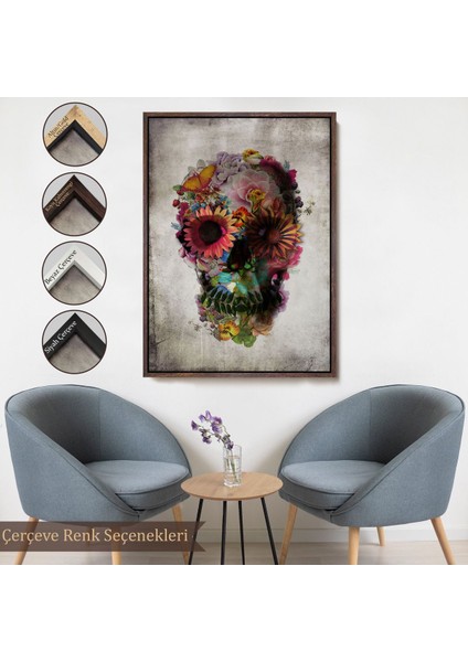 Siyah Çerçeveli Şeker Kafatası Rengarenk Çiçekli Kafatası Ölülerin Günü Kanvas Tablo