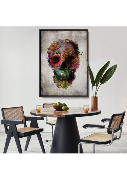 Siyah Çerçeveli Şeker Kafatası Rengarenk Çiçekli Kafatası Ölülerin Günü Kanvas Tablo