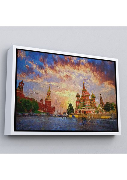 Beyaz Çerçeveli Kızıl Meydan'da Moskova Kremlin ve Aziz Vasil Katedrali Kanvas Tablosu