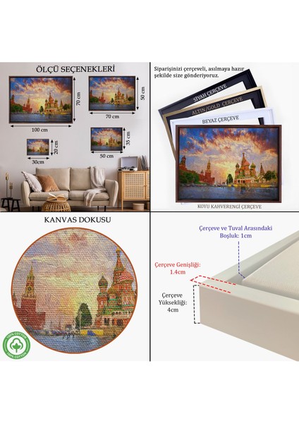 Beyaz Çerçeveli Kızıl Meydan'da Moskova Kremlin ve Aziz Vasil Katedrali Kanvas Tablosu indirimleri