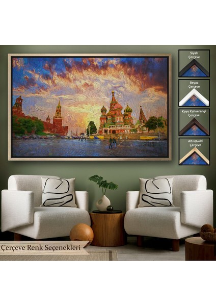 Beyaz Çerçeveli Kızıl Meydan'da Moskova Kremlin ve Aziz Vasil Katedrali Kanvas Tablosu