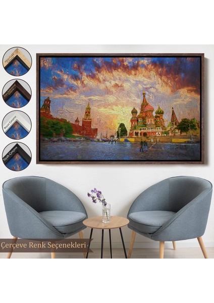 Beyaz Çerçeveli Kızıl Meydan'da Moskova Kremlin ve Aziz Vasil Katedrali Kanvas Tablosu