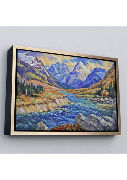 Altın Çerçeveli Kafkas Dağları Manzaralı Yağlıboya Görünüm Dekoratif Tablo