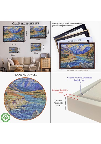 Altın Çerçeveli Kafkas Dağları Manzaralı Yağlıboya Görünüm Dekoratif Tablo indirimleri