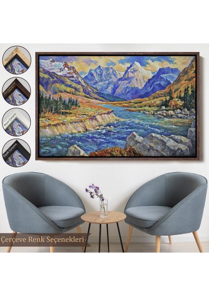 Altın Çerçeveli Kafkas Dağları Manzaralı Yağlıboya Görünüm Dekoratif Tablo