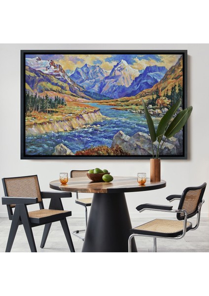 Altın Çerçeveli Kafkas Dağları Manzaralı Yağlıboya Görünüm Dekoratif Tablo