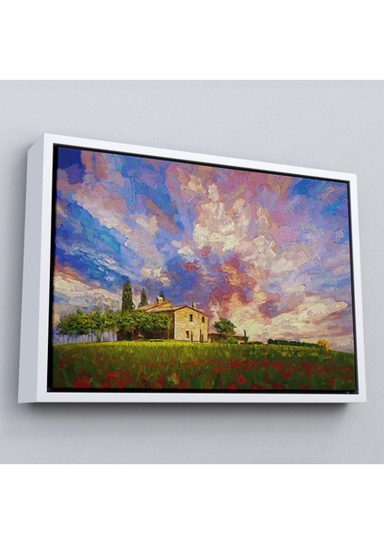 Çerçeveli Toskana Italyadaki Kırmızı Gelincik Tarlası Yağlıboya Görünüm Kanvas TABLOSU-3697 fırsatları