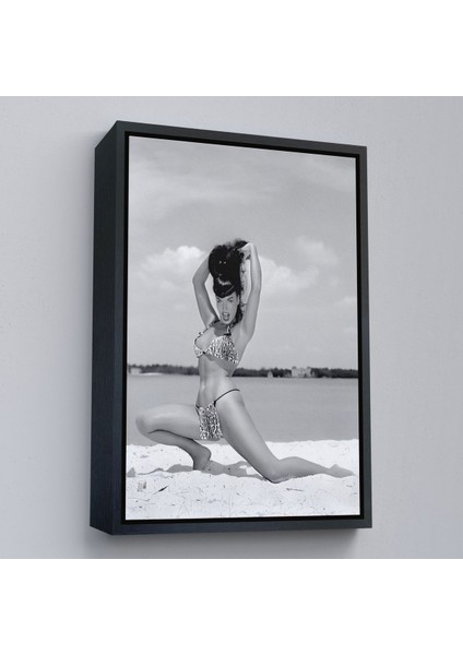 Beyaz Çerçeveli Leopar Bikinili Bettie Page Duvar Tablosu fırsatları