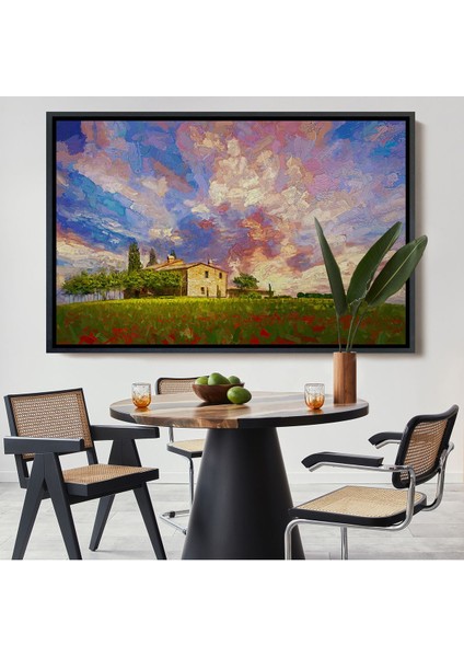 Çerçeveli Toskana Italyadaki Kırmızı Gelincik Tarlası Yağlıboya Görünüm Kanvas TABLOSU-3697