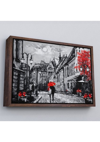 Kahverengi Çerçeveli Macaristan Budapeşte Sokak Manzarası Yağlıboya Görünüm Dekoratif Duvar Tablosu