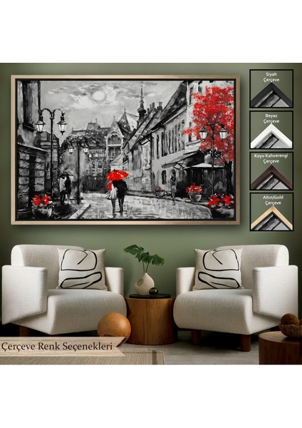 Kahverengi Çerçeveli Macaristan Budapeşte Sokak Manzarası Yağlıboya Görünüm Dekoratif Duvar Tablosu
