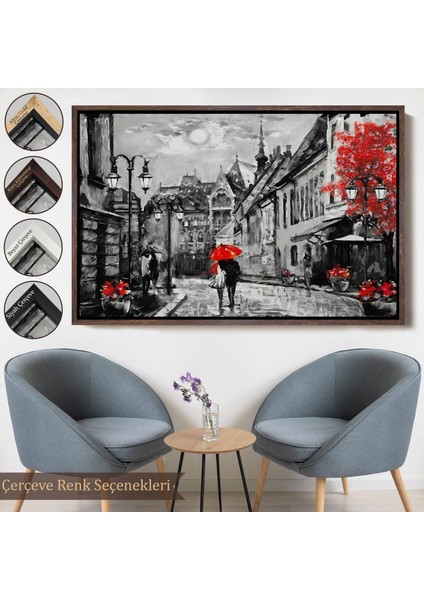 Kahverengi Çerçeveli Macaristan Budapeşte Sokak Manzarası Yağlıboya Görünüm Dekoratif Duvar Tablosu