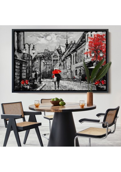 Kahverengi Çerçeveli Macaristan Budapeşte Sokak Manzarası Yağlıboya Görünüm Dekoratif Duvar Tablosu
