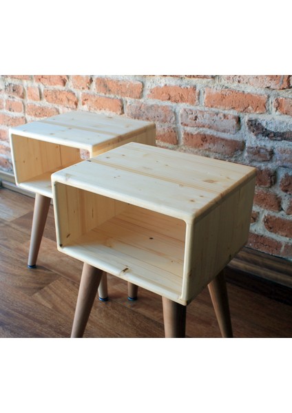 Doğal Ahşap El Yapımı Çekmecesiz 2'li Retro Komodin Set