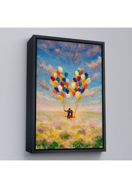 Siyah Çerçeveli Bolanlar ile Uçan Sevgililer Yağlıboya Görünüm Dekoratif Kanvas Duvar Tablosu