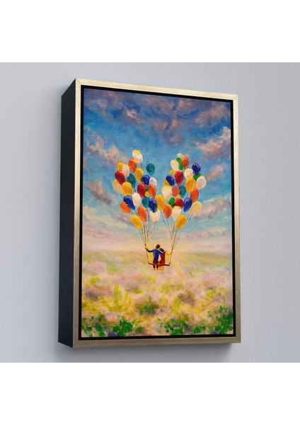 Siyah Çerçeveli Bolanlar ile Uçan Sevgililer Yağlıboya Görünüm Dekoratif Kanvas Duvar Tablosu fırsatları